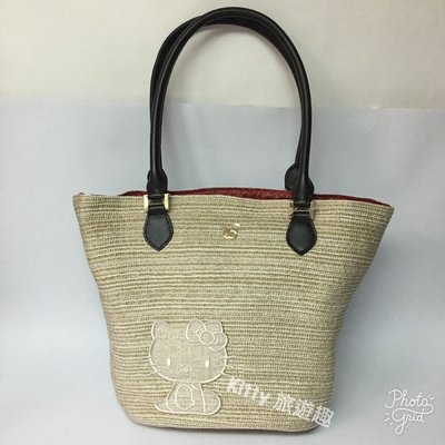 [Kitty 旅遊趣] Hello Kitty 手工編織風手提袋 手提包內附化妝包 凱蒂貓 編織包 米色