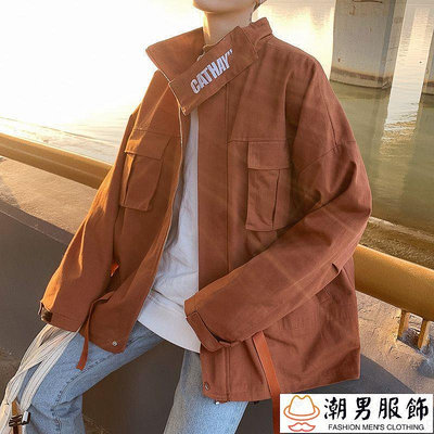優選橘色美式衝鋒衣外套男設計感小眾戶外機能風立領工裝夾克-潮男服飾