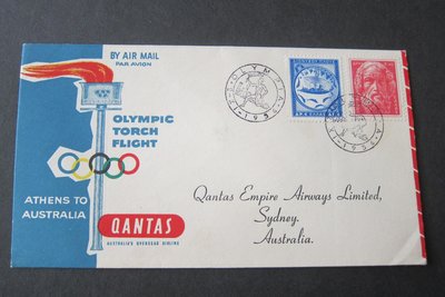 【雲品九】希臘Greece 1956 Olympic Torch Flight Frank 580-1 to Australia 庫號#DX05 64392