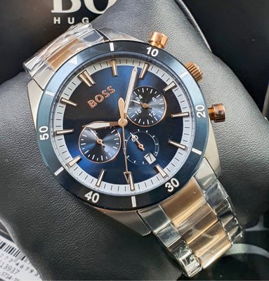 HUGO BOSS Santiago 藍色面錶盤 玫瑰金色配銀色不鏽鋼錶帶 石英 三眼計時 男士手錶 1513937