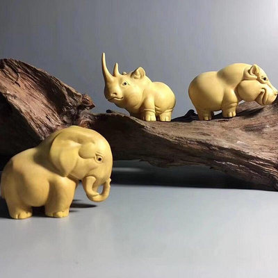 小葉黃楊木非洲三寶河馬、犀牛、大象家居雕刻擺飾擺件送禮品