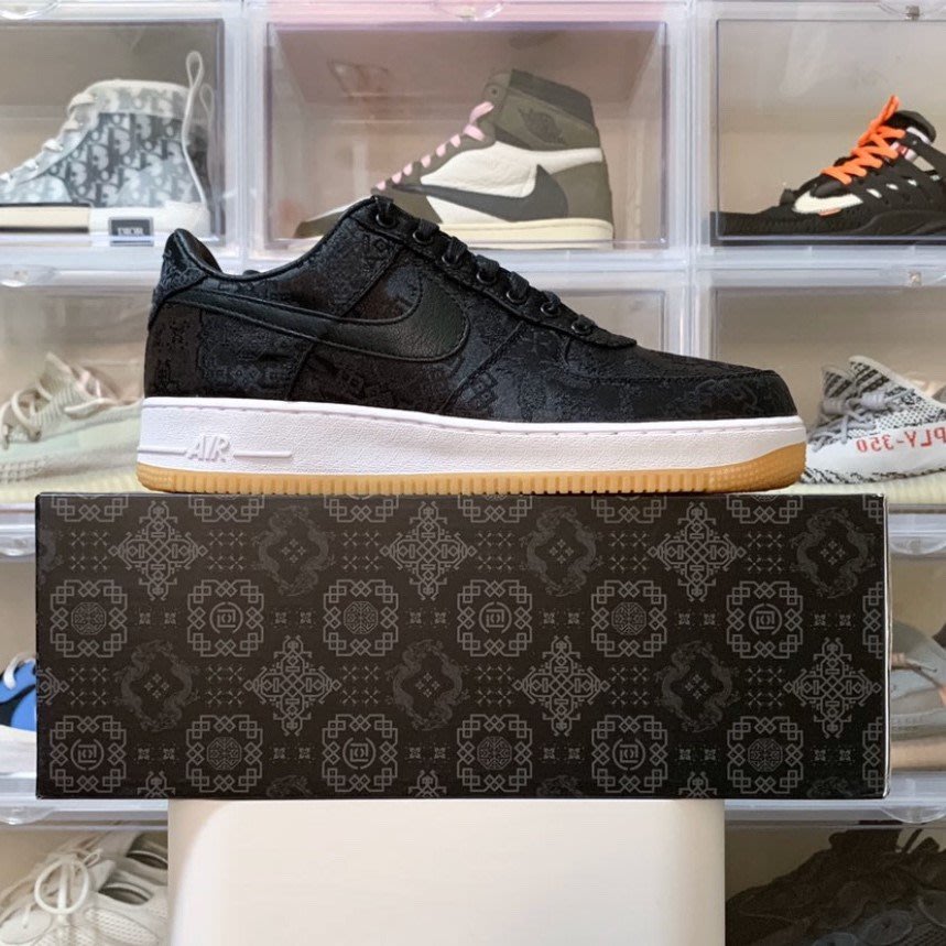 台灣公司貨us4.5 CLOT Fragment Nike Air Force 1 黑絲綢閃電藍絲綢