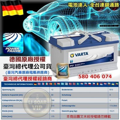 ✚中和電池✚ F17 德國第一 華達電瓶 VARTA 汽車電池 12V80AH 58014 福斯 T5 T4 VOLVO