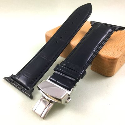 美洲鱷魚錶帶 稀有大格紋 Apple Watch 4 專用 黑色 不鏽鋼蝴蝶釦  iWATCH4 44mm