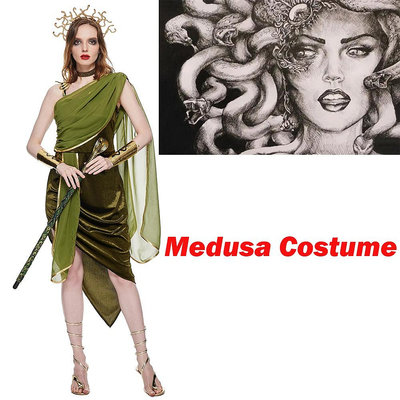 女生性感美杜莎角色扮演服 女士萬聖節蛇妖女巫Cos服裝 女性希臘女神角色扮演豪華洋裝 變裝派對節日舞台表演服