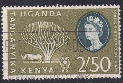 東非聯邦1960『高額2.5仙令_燭臺樹、黑犀牛, 伊麗莎白女王』雕刻版中古典票