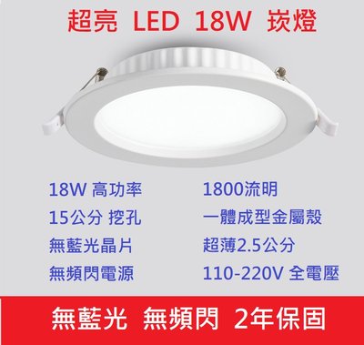 ☆綠舍☆無藍光 無頻閃 LED 18W 崁燈 筒燈 挖孔15公分 超薄 一體成型 全電壓 保固2年 12W 15W 參考