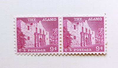 # 1954-68年 美國郵票  9美分  雙連新票  圖為位於德克薩斯州的阿拉莫要塞!