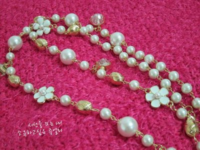 韓系時尚奢華珍珠小花朵金色長版百搭名媛項鍊