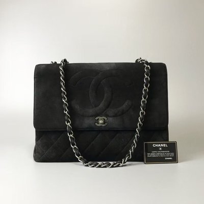 Chanel vintage 黑色麂皮浮雕大logo貝嫂鏈條包