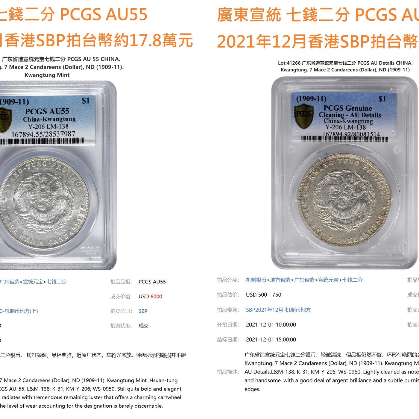 宣統元寶 廣東省造七錢二分 PCGS AU92 轉輪光強 品項約在AU55~58等級 [認證編號42604414]