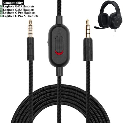 編織耳機線 替換音頻線適用於 Logitech G433 G233 G Pro X 遊戲耳機延長線，帶靜音音量控制