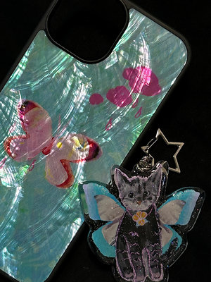 Saturnpop原創 粉色雨滴下的蝴蝶 天然貝母滴膠手機殼