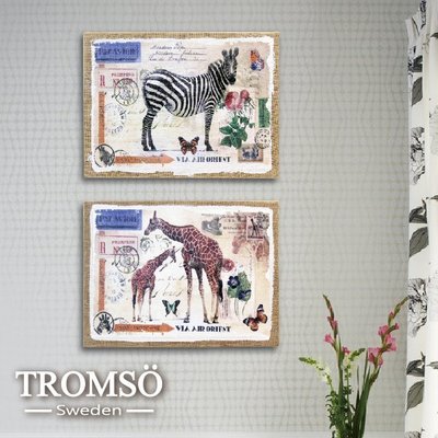 TROMSO-美式麻布無框畫-W714生命之頌(現+預) /長頸鹿 斑馬 動物 郵戳 大樹小屋【H0312014】M4