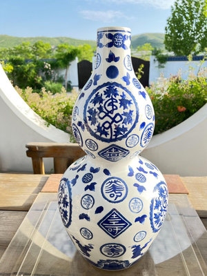 日本中古 嶺東窯制 青花壽字 葫蘆型花器 擺件 大花瓶