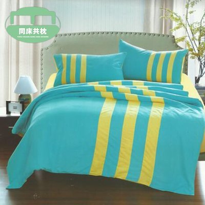 §同床共枕§ 天絲絨 三條線運動風 加大雙人6x6.2尺 薄床包薄被套四件式組-藍黃