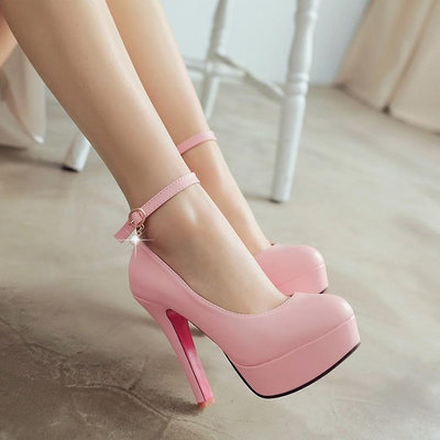 2024夏季新款女鞋防水臺粉紅色高跟鞋時尚扣帶粗跟圓頭舒適單鞋