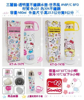 鑫本舖 Hello Kitty 透明蓋不鏽鋼水壺 保溫瓶(世界風) 粉紅 黃色 480ml