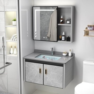新款現代簡約浴室柜組合陶瓷巖板洗手盆太空鋁衛生間抽屜洗臉盆柜組合超夯 新品 精品