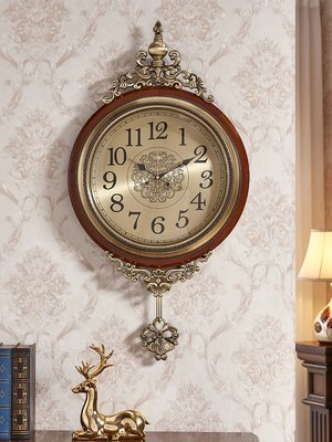 歐式復古掛鐘客廳實木鐘表美式餐廳藝術時鐘家用現代簡約大氣掛表