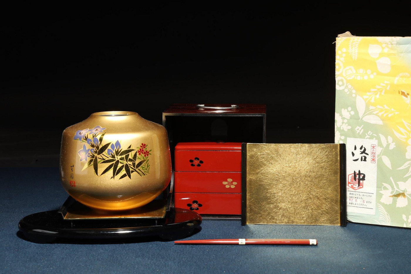 3/11結標京洛中金箔漆器等兩件A030186 -漆碗漆盤漆盒茶箱重箱承盤收藏 