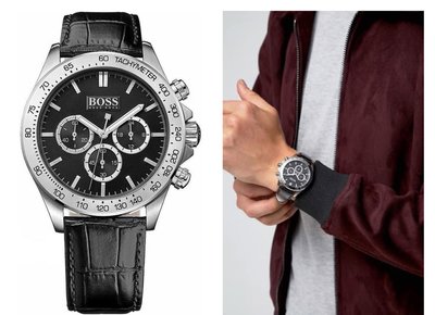 HUGO BOSS Ikon 銀色框黑色面錶盤 黑色皮革錶帶 石英 三眼計時 男士手錶 1513178