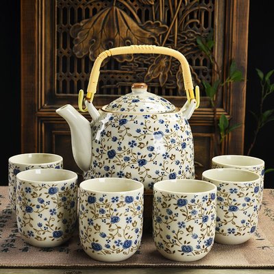 茶具全套大號套裝復古青花提梁壺陶瓷家用過濾泡茶壺茶壺茶杯整套