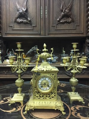 法國 古董鐘 / 古董機械鐘 及燭台一對 3件組