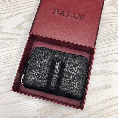新款熱銷 BALLY 貝利 浮雕LOGO 牛皮 顆粒紋 黑色條紋 拉鏈開合 男款 時尚零錢包 黑色明星大牌同款服裝包包