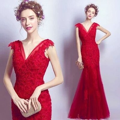 天使佳人婚紗禮服-----紅色魚尾亮片露背齊地晚禮服 實品
