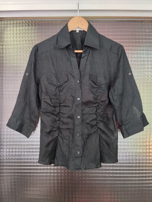 義大利品牌 Nara Camicie 黑色純亞麻七分袖襯衫上衣