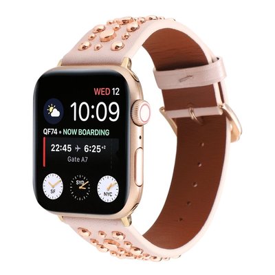 適用Y於蘋果錶帶 apple watch34567SE真皮帶釘錶帶 iwatch7時尚玫金色鉚釘41mm45mm真皮錶帶