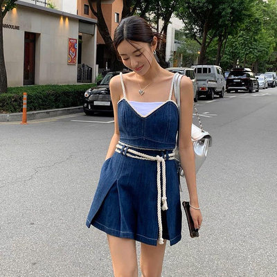 韓國 🇰🇷 牛仔吊帶繩短版背心+ 短裙  兩件套裝