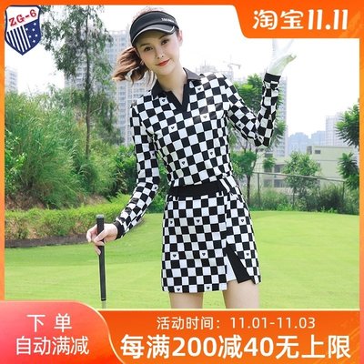 現貨熱銷-ZG-6高爾夫衣服女球服裝女長袖黑白上衣格子短裙時尚球服套裝潮 (null)
