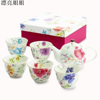 熱銷 進口餐具 日本進口ceramic藍茶壺茶杯套裝美濃燒繁花陶瓷茶具新婚喬遷禮物