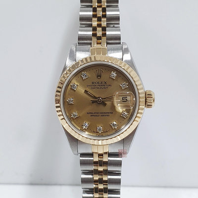 ROLEX勞力士 69173 蠔式女錶 經典錶款 金色十鑽面盤 錶徑26 自動上鍊 18K金及不鏽鋼 大眾當舖L697