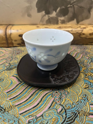 日本中古  應該是檀木的 茶托 杯墊  雕刻葫蘆畫片  漿344