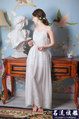 繡花吊帶長裙新款白色睡衣風純棉休閑重工純情連衣裙簡-名流