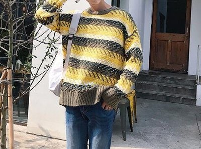 FINDSENSE Z1 韓國 時尚 潮 男 寬鬆 撞色條紋 毛衣 針織襯衫 外套 條紋外套