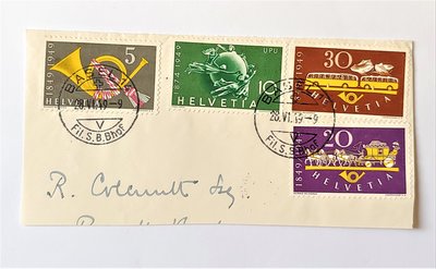 # 1949年 瑞士郵票  此為實寄封剪片 有4張郵票  其中30分很少被使用 舊票價值高 圖為郵遞號角與專車 !