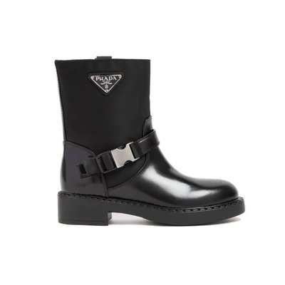 [全新真品代購-SALE!] PRADA 扣帶設計 黑色皮革及尼龍 靴子 / 短靴