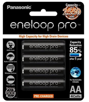 【控光後衛】Panasonic eneloop PRO 2550mAh 3號 / 4號  黑色 低自放充電電池 4入裝
