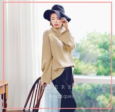 Sis KOREA style 韓國代購 精品名媛風 卡其裸色系顯白 氣質簡約尚 寬鬆顯瘦 開叉高領設計感 毛衣針織衫