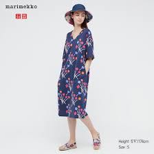 Uniqlo marimekko 設計師印花V領連身裙 落肩小寬鬆花洋裝 女XS