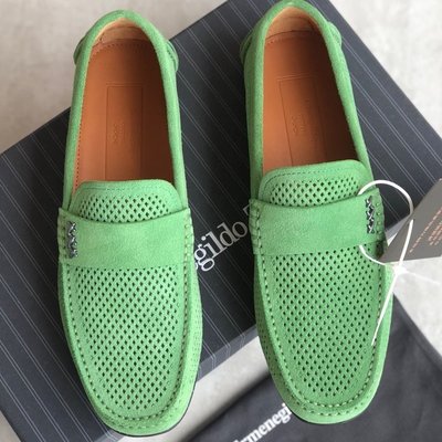 100％原廠 Zegna傑尼亞男鞋綠色牛皮穿孔透氣升級版司機鞋一腳蹬套腳豆豆鞋