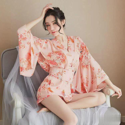 日本和服 少女夢境 性感睡衣爆款日式印花和服套裝浴袍 開襟雪紡透膚短版和風 可愛性感古風情趣