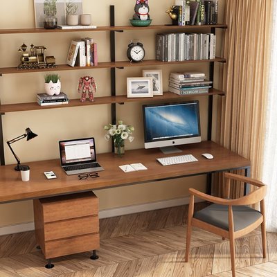 熱銷 蔓越loft雙人電腦桌臺式簡約實木書桌書架一體組合臥室家用長桌寫字桌