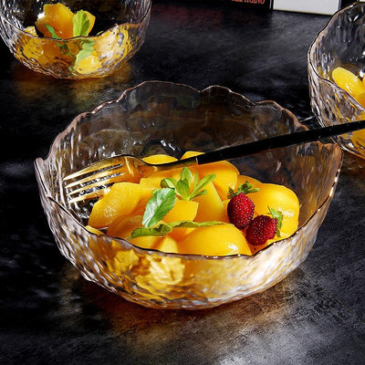 大量ins餐具玻璃錘紋金邊沙拉碗 家用客廳創意水果碗盤