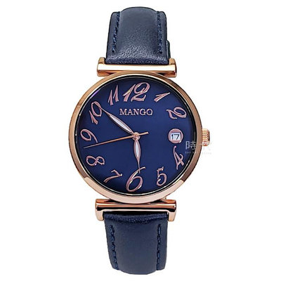 【MANGO】MA6738L-55R 數字 日期 藍寶石鏡面 皮錶帶女錶 藍/玫瑰金 34mm
