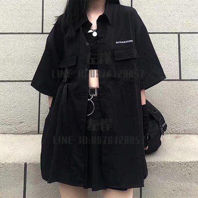 日系黑色短袖襯衫女夏季寬鬆設計感復古港風上衣